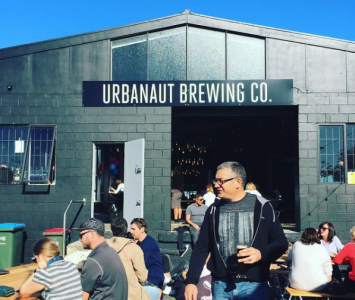 Urbanaut brewing co building sign white writing on black ACM